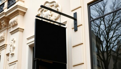 Fototapeta premium Blank black rectangular hanging sign mounted on a white building exterior wall
