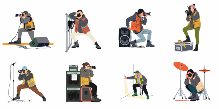 Flat Vector Illustration of Concert Photographers Capturing Live Music Events with Professional Cameras and Equipment on White Background