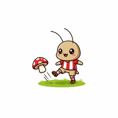 Obraz premium Cute Cartoon Cricket Playing Football with a Red Mushroom Ball
