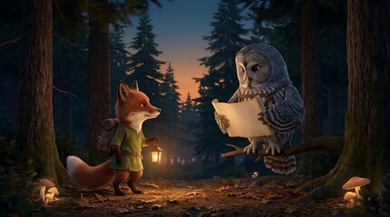 Fox and owl reading map in magical forest night. © Gunung