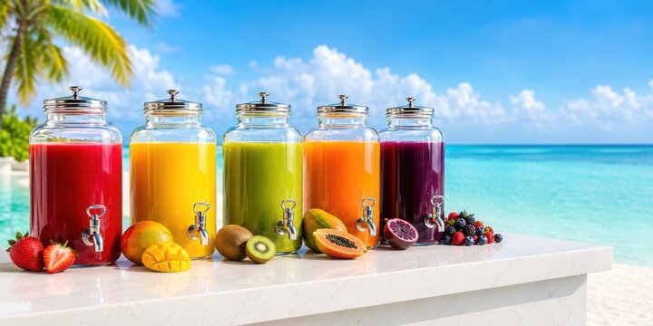 Juice Dispensers on Beach Resort Bar With Tropical Fruit