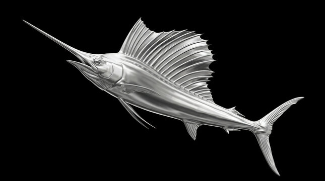 Shiny Metallic Sailfish Sculpture Leaping High Isolated On A Solid Black Background