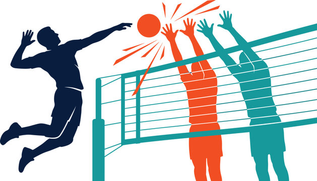 Volleyball Spike and Double Block Action Illustration with Attacker Jumping Against Defensive Net Blockers for Sports Competition, Coaching, Training, and Vector Design