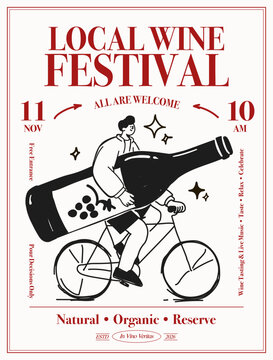 Wine Festival Poster Template with Hand Drawn Line Art Illustration. Retro Wine Tasting Event, Organic Wine Fair and Bar Party Flyer. Vector Illustration