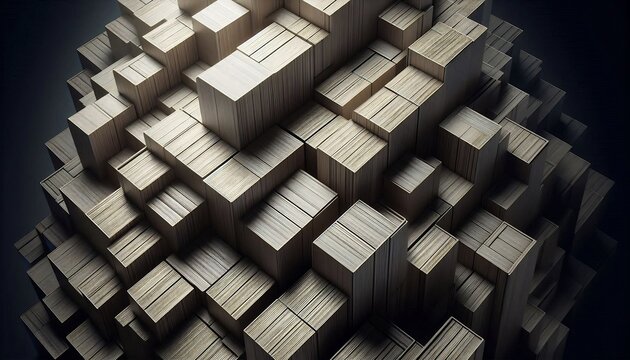 Abstract 3d geometric wood block structure with soft lighting