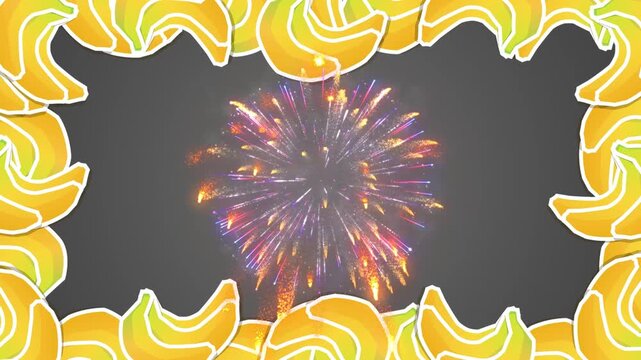 Bright colorful fireworks display framed by yellow banana illustrations on a dark grey background