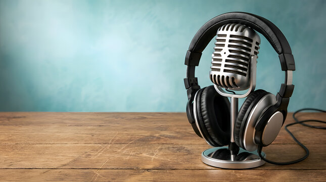 Retro microphone and headphones on a wooden table for audio podcast recording
