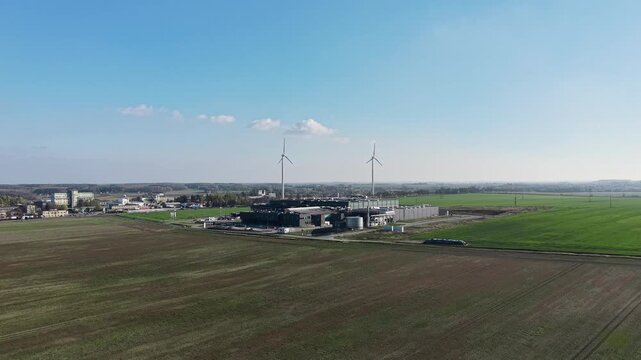 Clean energy powered AI server facility aerial view