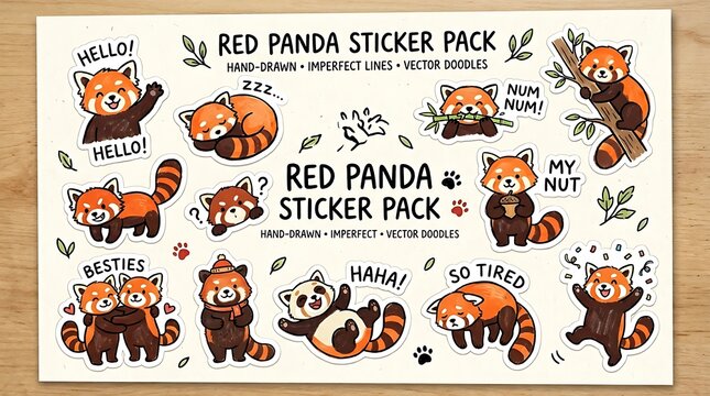 Red panda themed sticker pack illustration.