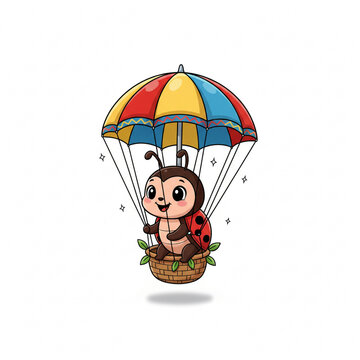 Cute Cartoon Ladybug Floating in a Hot Air Balloon Parachute