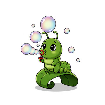 Cute Cartoon Green Caterpillar Blowing Bubbles