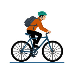 Fototapeta premium A young man rides a mountain bike with a backpack