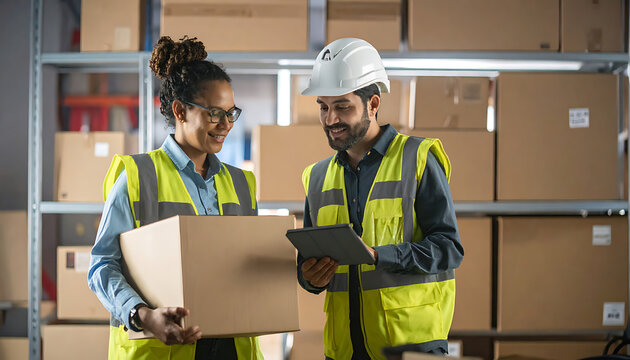 Warehouse workers in high-visibility vests and hard hats checking inventory on a tablet, surrounded by shelves of cardboard boxes, logistics and shipping industry
