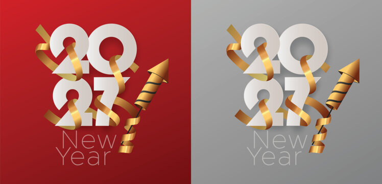 Luxury Happy New Year 2027 Greeting Card with Gold Ribbon, Firework Rocket and Modern Paper Cut Typography