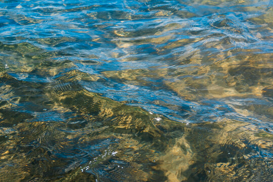 Close-up view of crystal clear turquoise water texture of the Mediterranean Sea on Crete coast, Greece