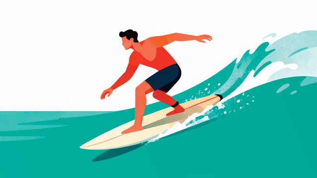 Flat illustration of a man surfing on a ocean wave