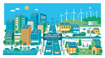 Obraz premium An illustration of a modern, sustainable city and rural landscape powered by renewable energy sources like solar panels and wind turbines, promoting clean energy and a green future.