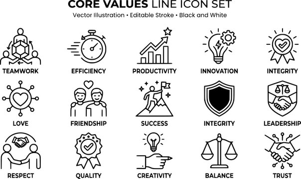 Core values line icon set. Includes teamwork, efficiency, productivity, love, friendship, success and more. Editable stroke. Vector illustration.
