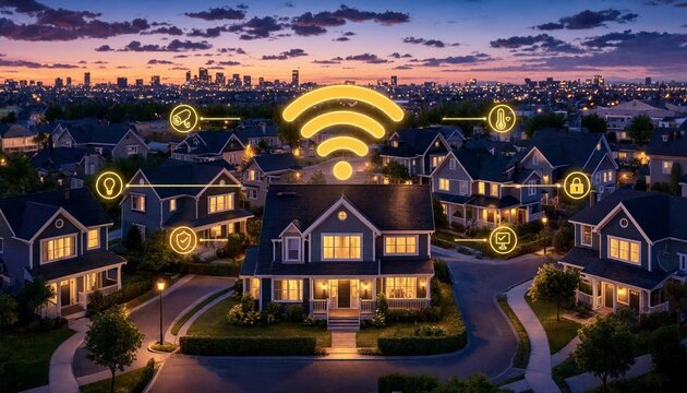 Smart home technology conceptual illustration with Wi-Fi network icon over suburban neighborhood at twilight