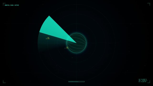 Digital orbital scan radar displaying a rotating planet monitoring system