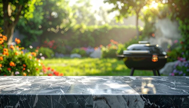 A summer garden gathering with a barbecue grill and an empty gray marble table, with a blurred background.