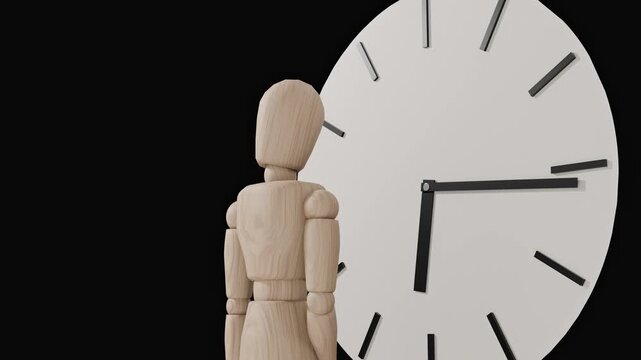 Time is over concept, wooden mannequin standing in front of clock, deadline and mortality symbol
