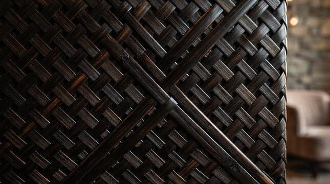 Dark brown woven bamboo slats with intricate twill matrix pattern