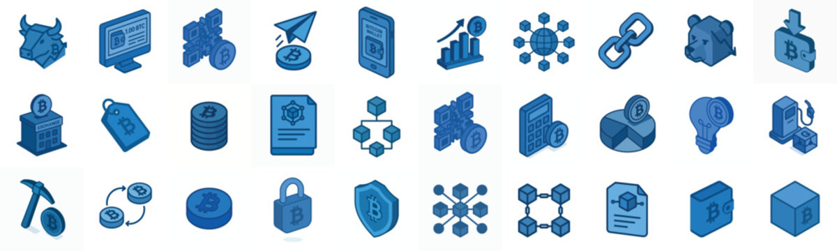 minimalist isometric vector icon Cryptocurrency & Blockchain (Bitcoin) in blue