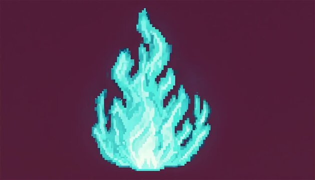 Magic blue fire flame burning continuously in retro 8-bit pixel art style isolated on dark background