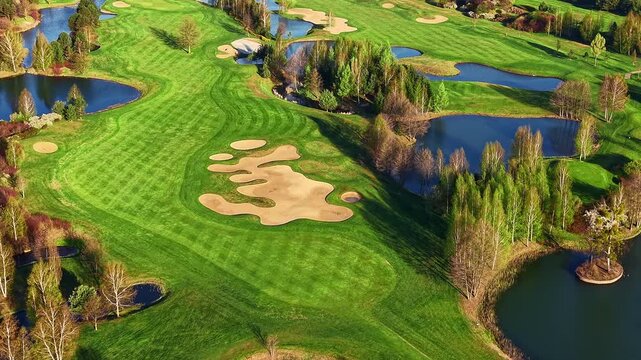 Drone perspective of golf course with winding layout