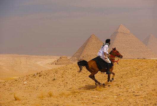 Arab horseman in keffiyeh rides galloping horse across sandy Giza Plateau with iconic Egyptian pyramids in desert haze