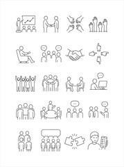 Obraz premium Collection of thin line icons representing business people working in teams communicating and achieving goals during meetings presentation and collaboration.