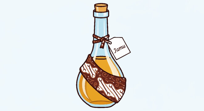 Traditional Jamu Herbal Drink in Decorative Glass Bottle with Batik Fabric and Label
