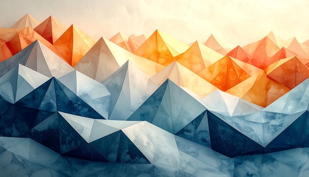 A geometric depiction of mountains transitioning from cool blues to warm oranges under a soft, glowing sky. Abstract, triangular shapes dominate