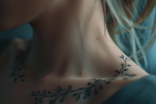 Delicate botanical collarbone tattoo with fine line floral branches, minimalist body art, feminine elegance and modern tattoo design concept