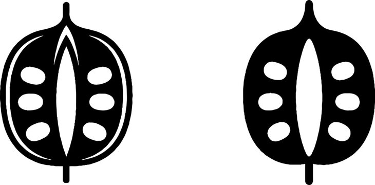 Black and white symmetrical leaf pair illustration.
