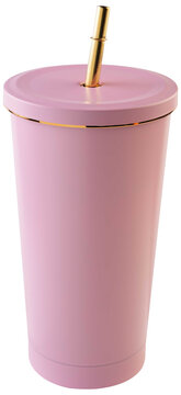 Studio shot of pastel pink tumbler with gold straw isolated on a transparent background