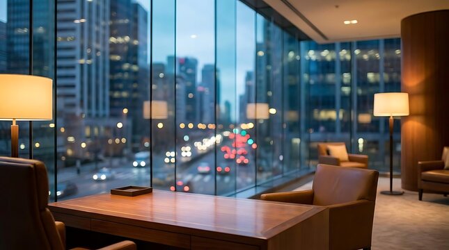 Luxury corner office interior with city night view.