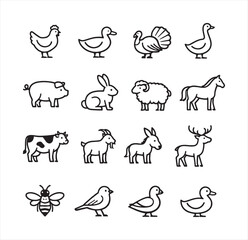 Obraz premium Set of black outline icons featuring various farm animals and birds, domestic livestock and poultry for agricultural designs.