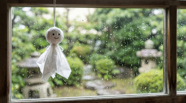 Traditional teruteru bozu paper doll hanging in a glass window with rain droplets outside during rainy season