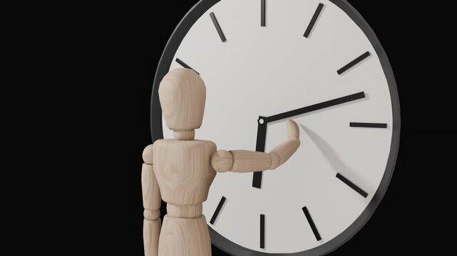 Flow of time concept, wooden mannequin and big clock, inevitability and passing time