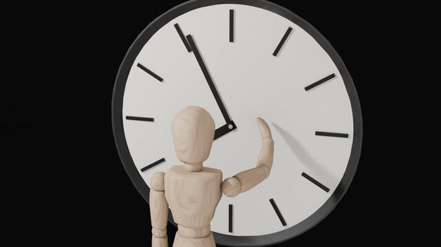 Stop time concept, wooden mannequin stopping clock hands, control over time and life moment