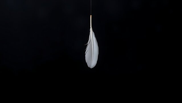 A single white feather gently descending against a dark, textured background.