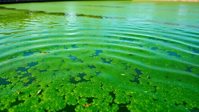 Outdoor algae cultivation pond with emerald green water under sunlight.