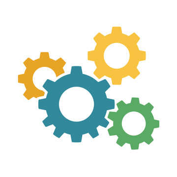 Four colorful interlocking gears isolated on a white background