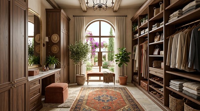 Luxury walk-in closet with custom wood cabinets and vanity.