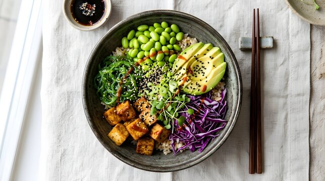 Menu Sehat Vegan Poke Bowl dengan Tahu Goreng, Alpukat, dan Edamame