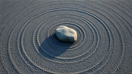 Naklejka premium A Zen garden with raked gravel forming perfect concentric circles around a single stone, aerial view.