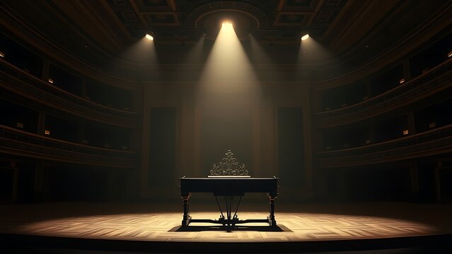 Ornate harpsichord on an empty stage under a spotlight in a vintage concert hall.