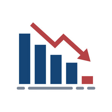 Business bar chart showing a downward trend with a red arrow